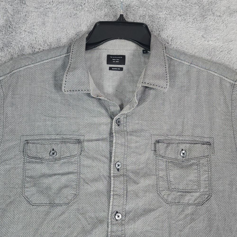 7 Diamonds Shirt Mens XL Gray Diamond Print Western Yoke‎ Dual Flap Pockets